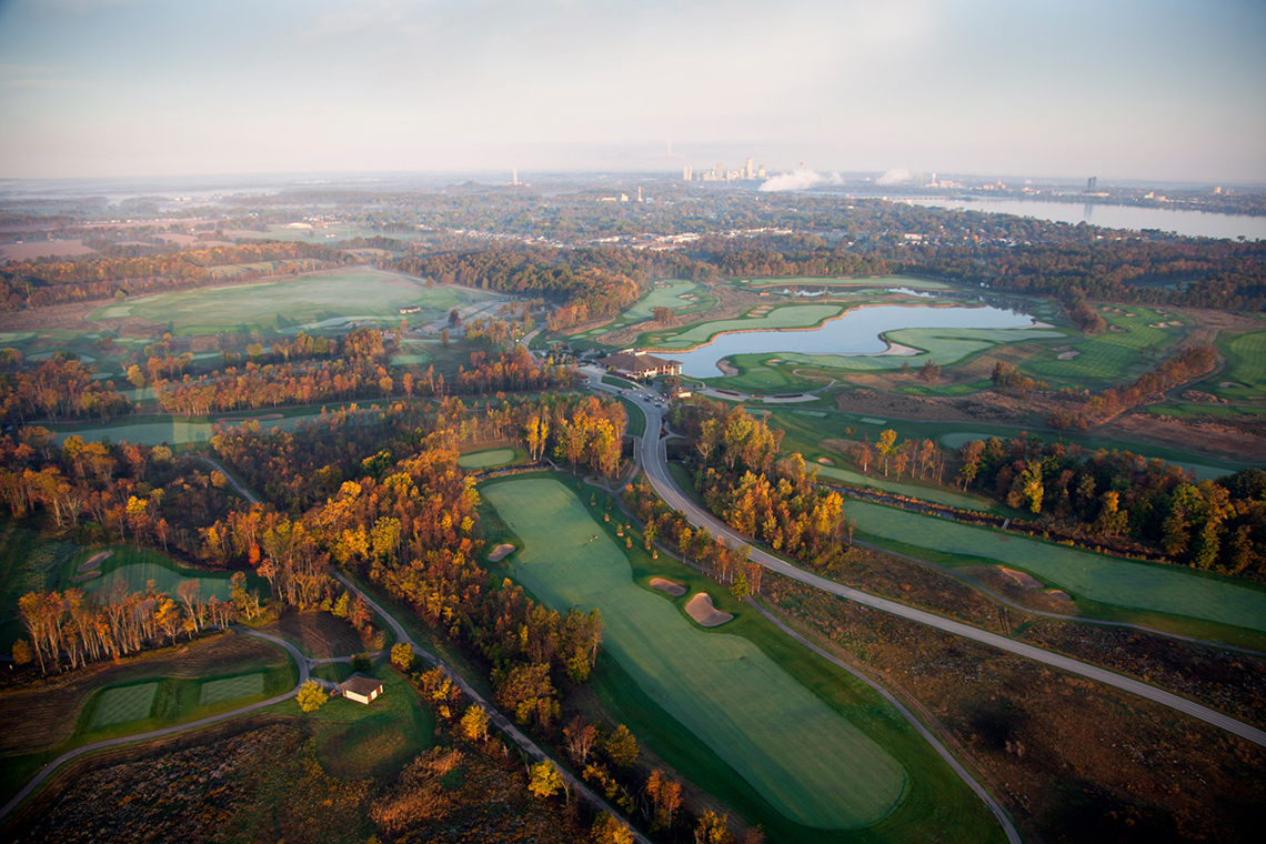 An aerial view of Ussher's Creek Course at Legends on the Niagara