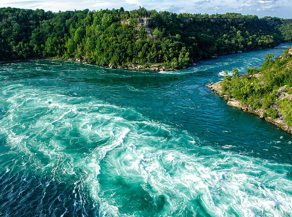 An aerial view photo of the Niagara River Whirlpool